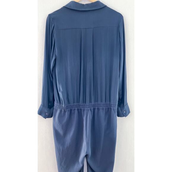 Vince Mixed Media Jumpsuit 8 Silk Long Sleeve Tapered Leg Drawstring Navy Blue - Picture 10 of 10